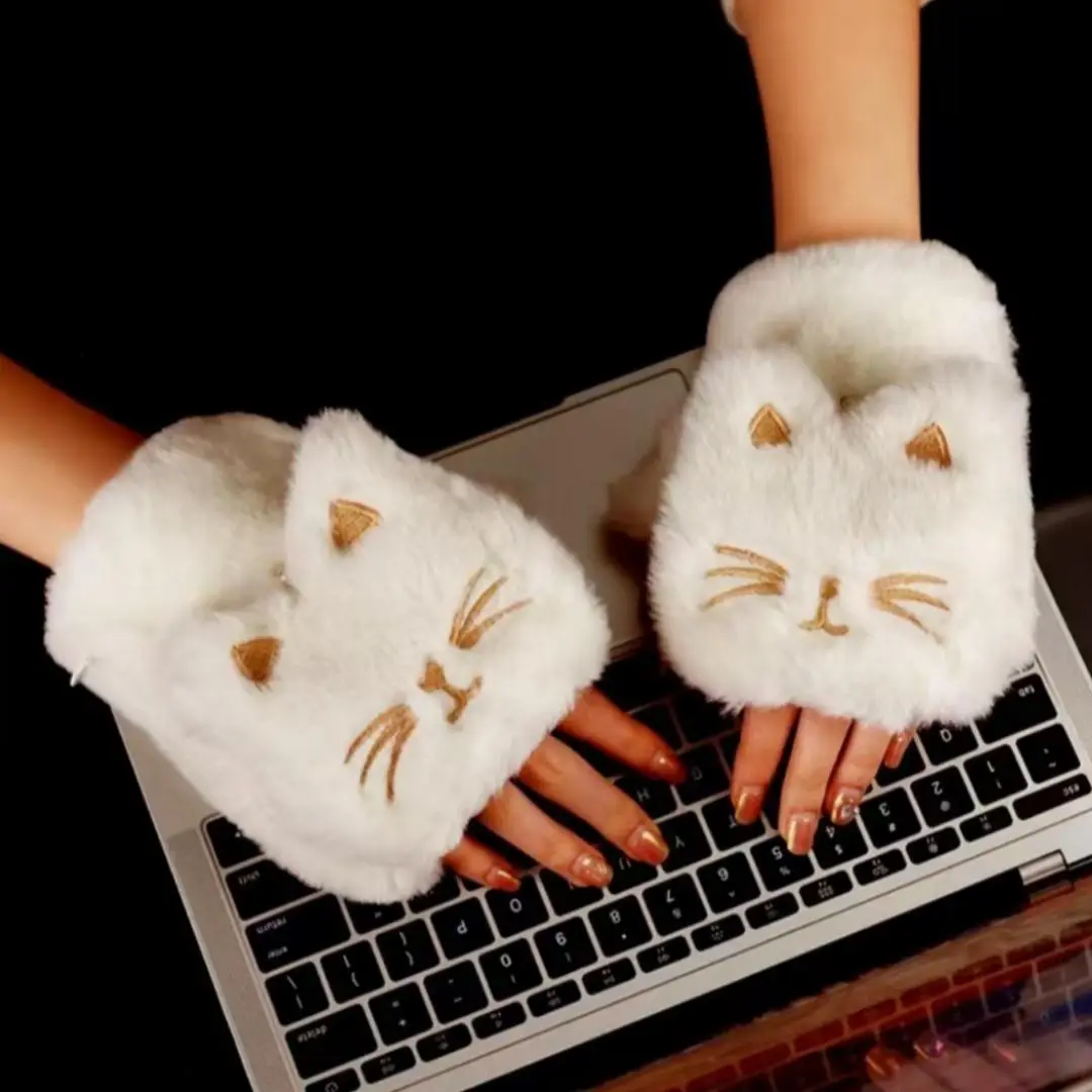 Cute Cat Design Electric Heated Gloves, 2000mAh Battery Fingerless Plush Cat Winter Heating Warming Gloves, Household Gloves for Women Girls