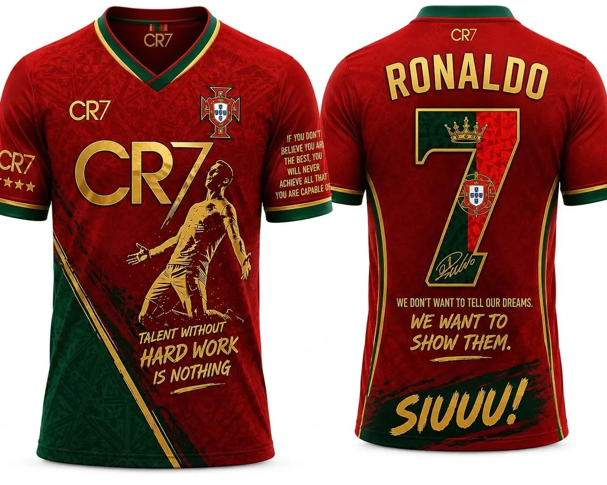 CR 7 #7 Portugal Soccer Jersey, Red and Green Portuguese Football Shirt, Inspirational Graphic Jersey, Fan Outfit, Soccer Supporter Gift for Men and Women, Gift For Him, Gift For Her.