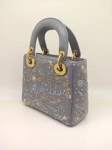 Pre-owned Dior Christian Lady Smooth Calfskin Embroidered I Feel Blue Medium Tote Bag with Gold Silver & Blue Embroidery Optional Shoulder Strap