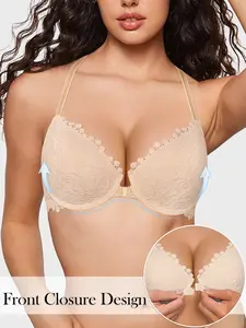 Women's 1/2/3-Pack Bohemian Push-Up Bra Set, Front-Closure Lace Lingerie, Backless Racerback, Breathable Solid Color Underwire with Elegant Buckle, Full Coverage Comfortable Fabric, Day-Wear Style, Hand Wash Only