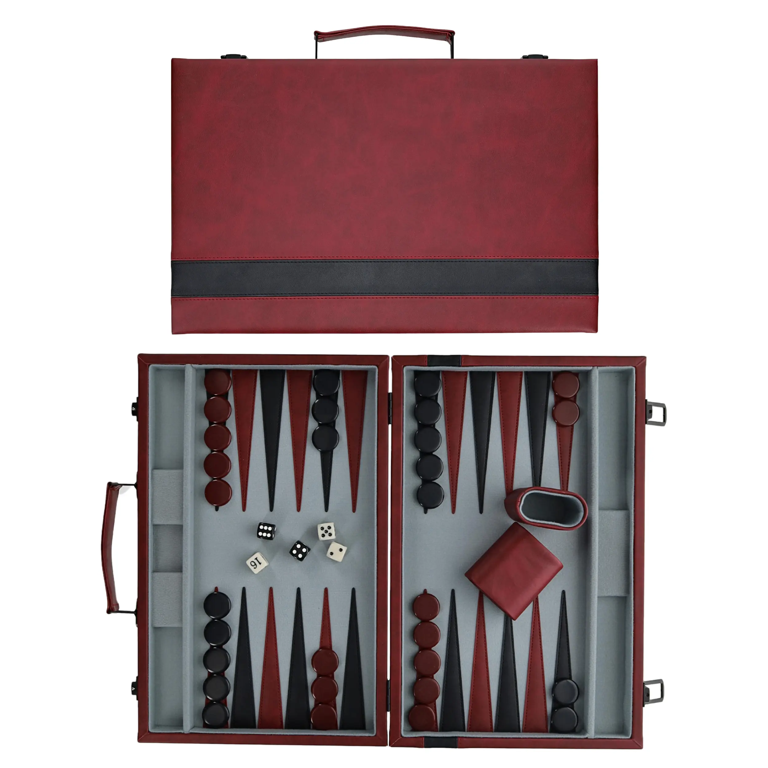 WE Games Burgundy/Black Leatherette Backgammon Set, 14.75 x 9.75 in. closed