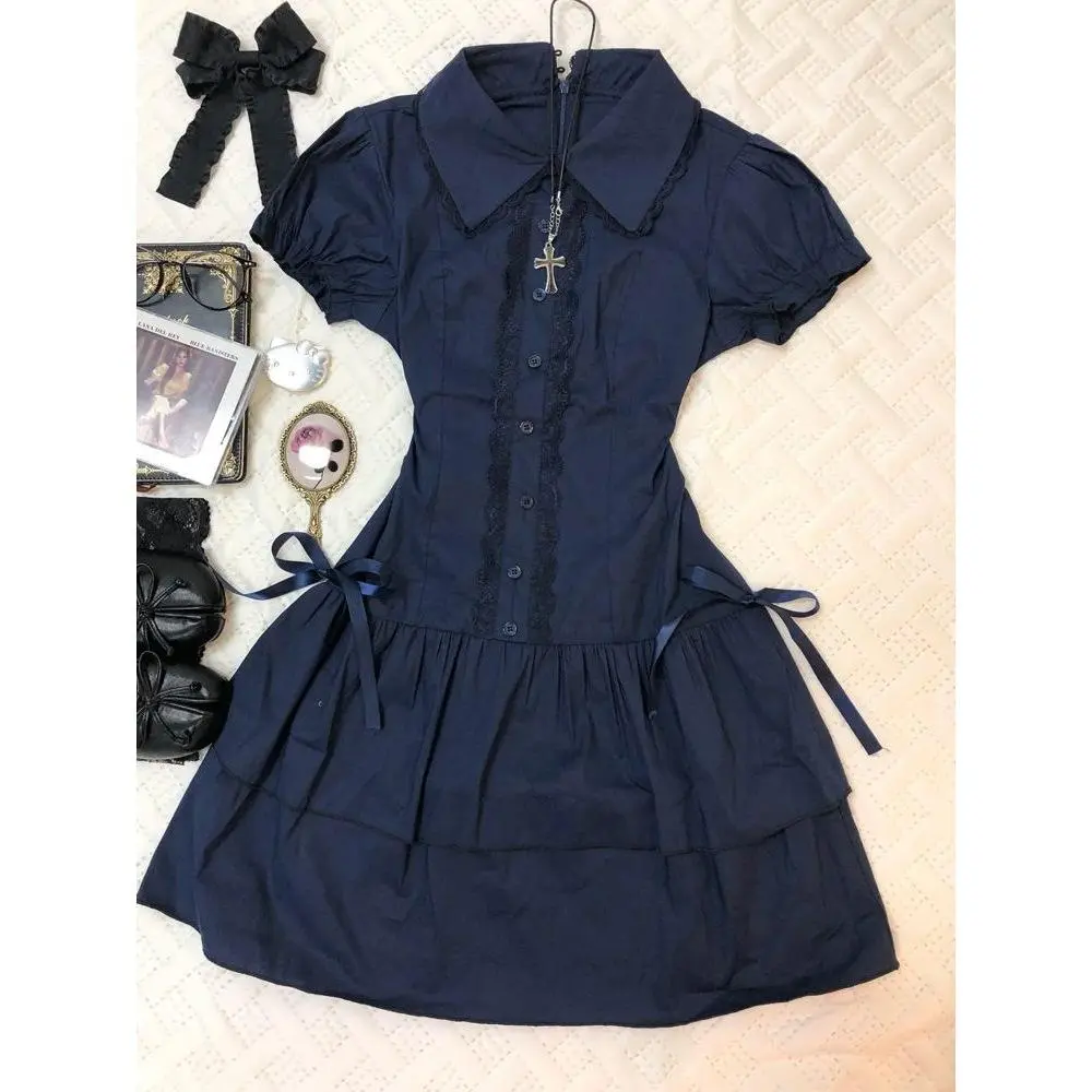 Vintage Preppy Navy Shirt Mini Dress, Lace Trim Puff Sleeve Tiered Retro Girly Dress