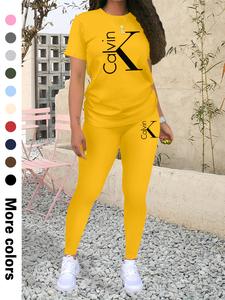 cakvin letter printing women's casual sporty two-piece set, fashion print short sleeve top + tight pants, spring & fall, fitted thin fabric