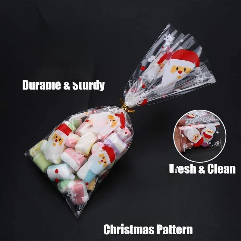 200 Pcs Christmas Cellophane Treat Bags, Xmas Clear Cello Gift Bags Candy Goodies Bags with Twist Ties for Christmas Party Supplies