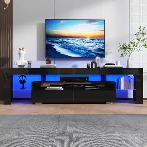 71/63 inchTV Stand with 16 Color LED Lights, Media Console with Drawer and Glass Open Shelf for 60/65/70/75/85 inch TV, Modern Gloss Entertainment Center for Living Room, Black/White
