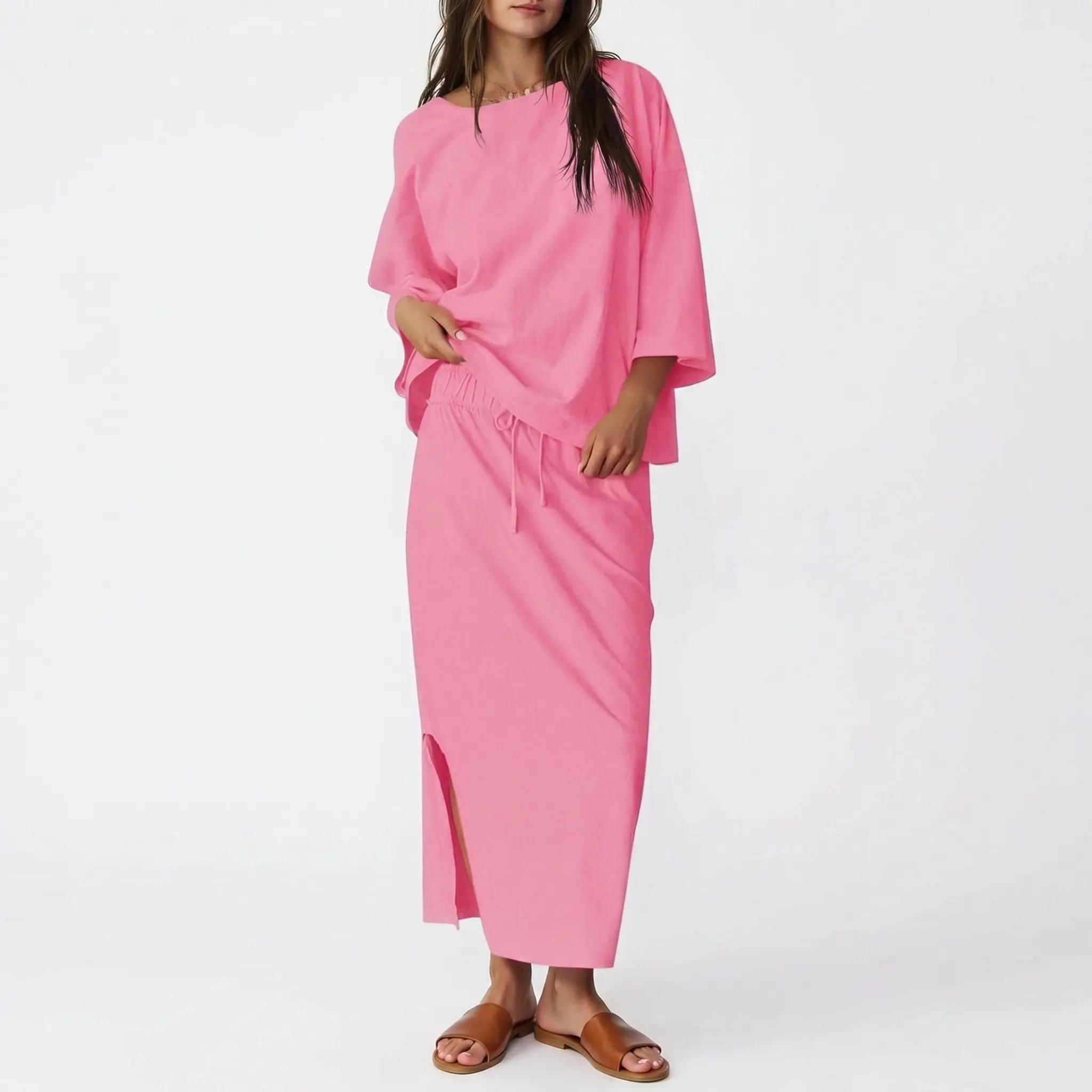 TANKANEO Women's 2-Piece Skirt & Top Set - Casual Cotton Lounge Matching Women's Clothes, Oversized 3/4 Sleeve Round Neck Top, Maxi Skirt with Pockets, 2-Pieces for Mix and Match or Wearing Separately