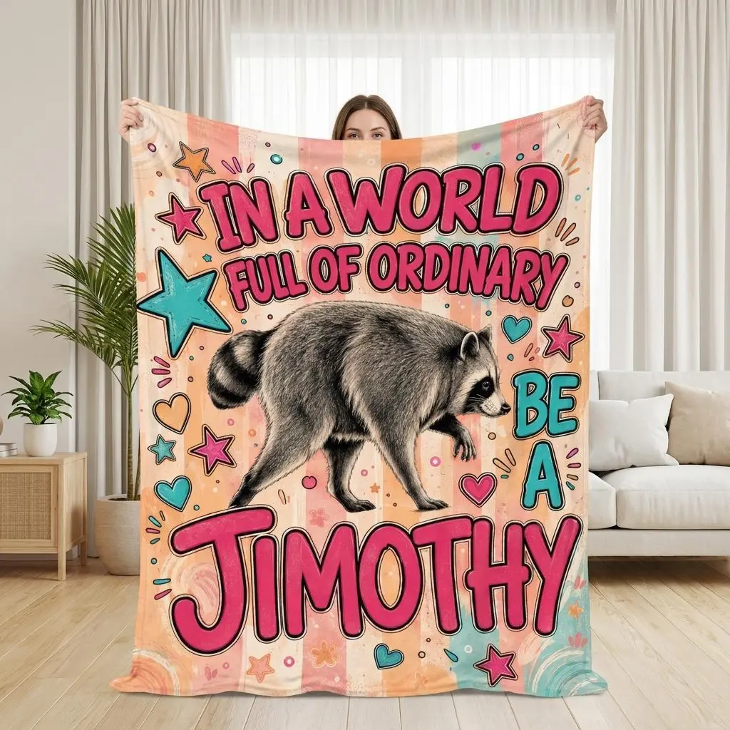 Custom Name Jimothy Raccoon Personalized Soft Flannel Throw Blanket with Seattle Raccoon Retro Quote and Y2K Animal Artwork, Funny Raccoon Blanket for Trash Panda Fans Custom Bedroom Dorm Decor and Personalized Bedding