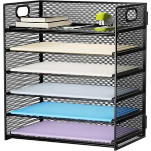 6 Tier Paper Organizer Letter Tray - Mesh Desk File Organizer with Handle, Paper Sorter Organizer for Letter/A4 Office File Folder Holder - Black