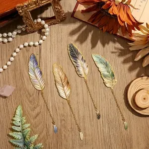 4Pcs Elegant Metal Feather Bookmarks with Dangle Charms, Multi‑Color Golden Blue Yellow Brown Iron Page Markers, Thoughtful Gift for Book Lovers & Writers