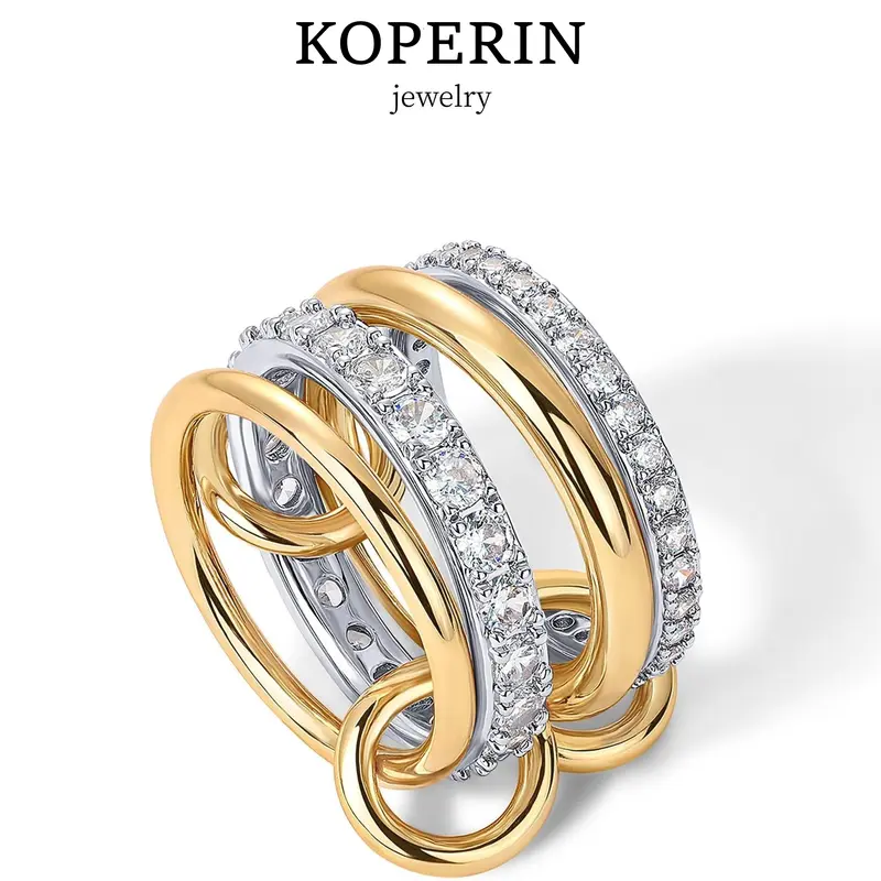 KOPERIN Women's 5pcs Stackable Interlocked Ring Set, Mixed Metal Cubic Zirconia CZ Statement Multilayer Elegant Gold-Tone Jewelry for Summer Fashion Gift