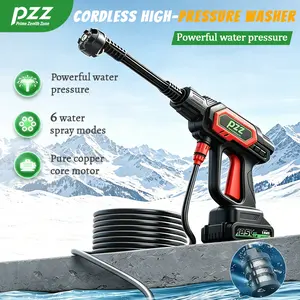 PZZ cordless pressure washer with pure copper motor, equipped with a 6-in-1 multifunction nozzle and foam cannon, suitable for cleaning cars, gardens, and patios.