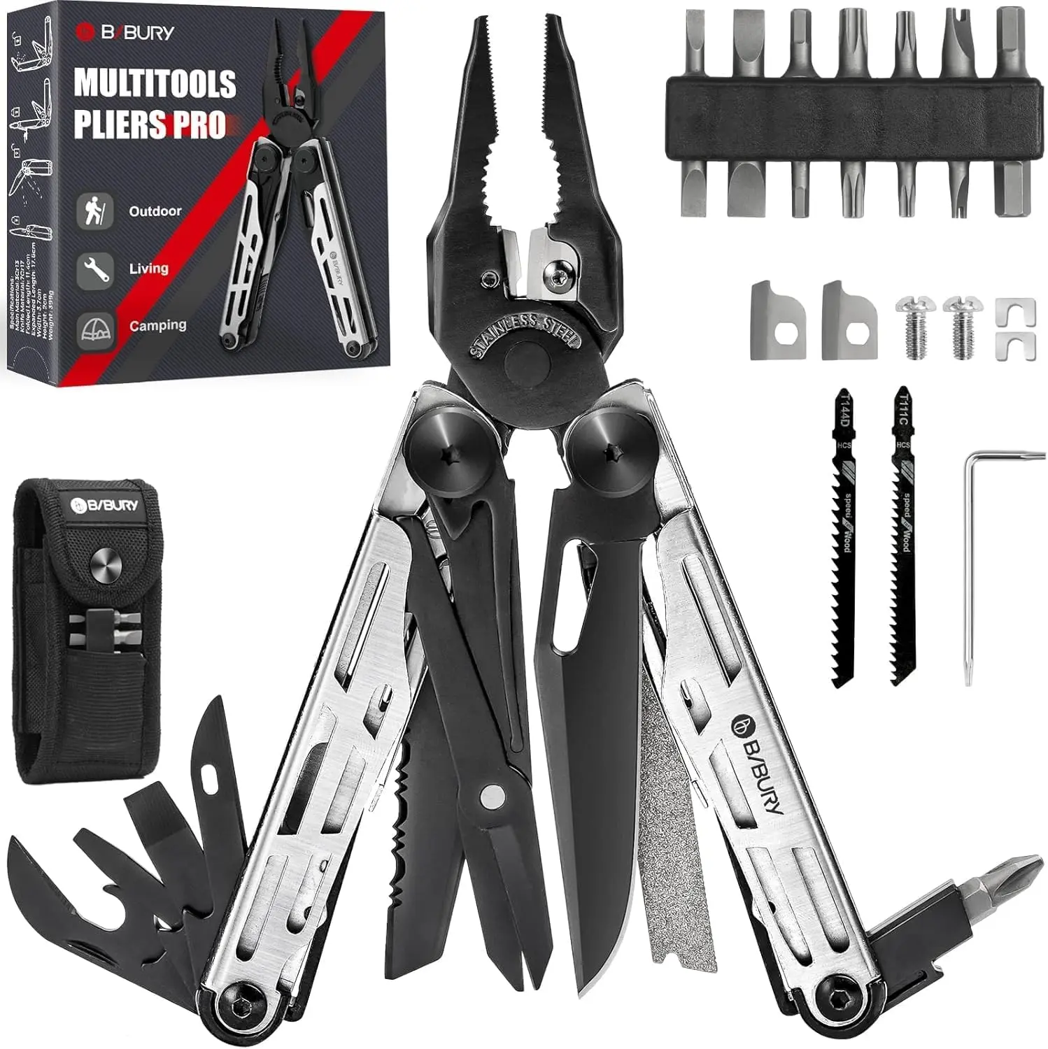 31-in-1 Multitool Pliers Pro BI2045,EDC Pocket Knife & Scissors | Stainless Steel Multi Tool with Replaceable Wire Cutters, Saw, Screwdriver, Ideal for Camping,Survival,Repair, Gifts for Men