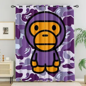 Purple Camo Cartoon Monkey Blackout Privacy Grommet Curtains - Breathable Polyester, 85% Light Blocking, Noise Reducing, Thermal Insulated, Street Style Window Drapes for Teens Bedroom, 2 Panels