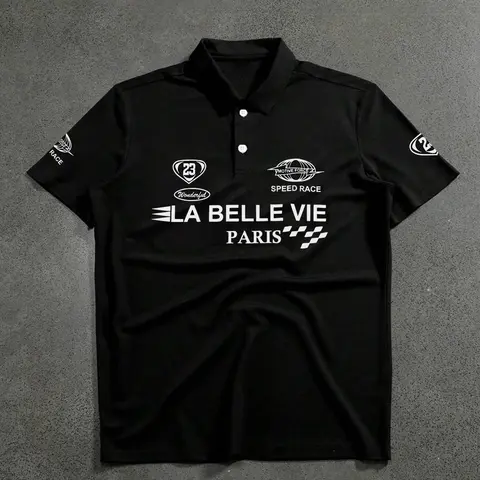 Men's Regular Fit Letter Print Half Placket Athletic Performance Polo Shirt, Casual Design Short Sleeve Collared Top for Summer, Fashion Men's Clothes for Daily Wear, Tropical, Casual Sports Tops, Casual Athletic Style, Casual Sporty Design