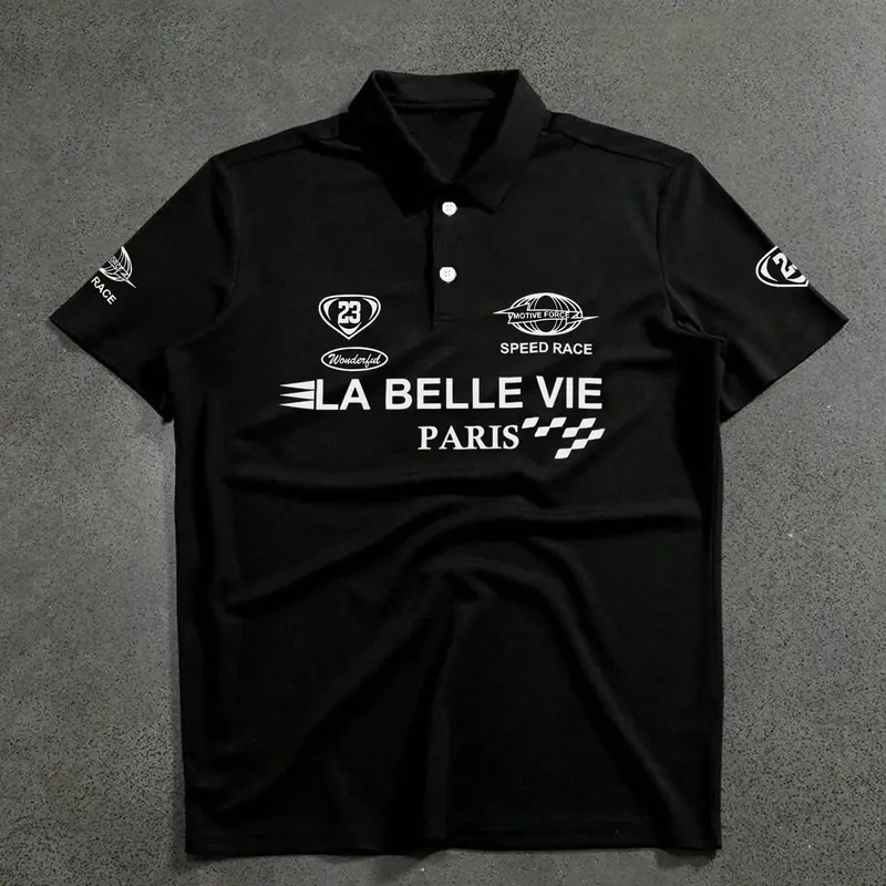 Men's Regular Fit Letter Print Half Placket Athletic Performance Polo Shirt, Casual Design Short Sleeve Collared Top for Summer, Fashion Men's Clothes for Daily Wear, Tropical, Casual Sports Tops, Casual Athletic Style, Casual Sporty Design