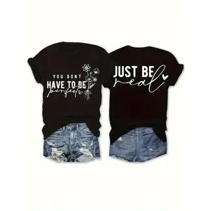 Women's Double Sided Floral and Motivational Quote T-Shirt - 100% Cotton Slim Fit Casual Tee with "You Don't Have to Be Perfect" Printed Machine Washable Top for Casual Spring and Summer,T-shirt