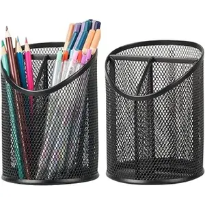 2 Pack Pen Holder Pen Organizer for Desk Mesh Round Pencil Holder Desktop Organizer 3 Compartments Pencil Organizer Desk Organizer for Office Home School, Black