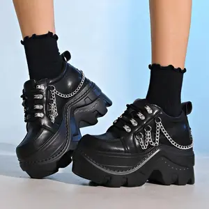 New stylish dark-colored thick-soled women's leather shoes with chain decoration design, thick sole height-increasing waterproof laced single shoes, fashionable and comfortable shoes
