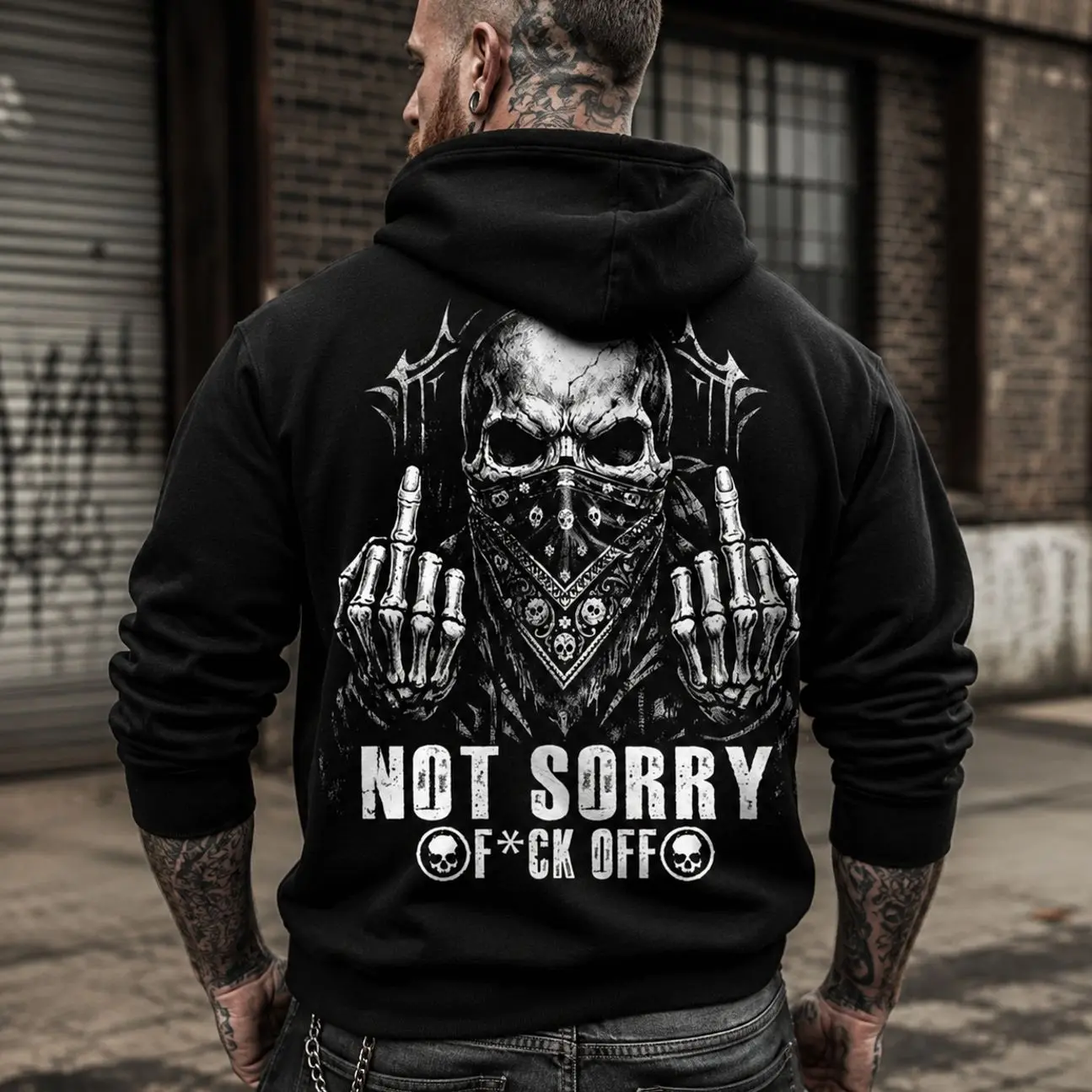 NOT SORRY F*CK OFF Middle Finger Bandana Skull Print Men's T-Shirt