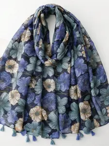 1PC blues floral print fringed scarf retro floral light shawl literary silk scarf women muslim headscarf women Floral Pattern Shawl