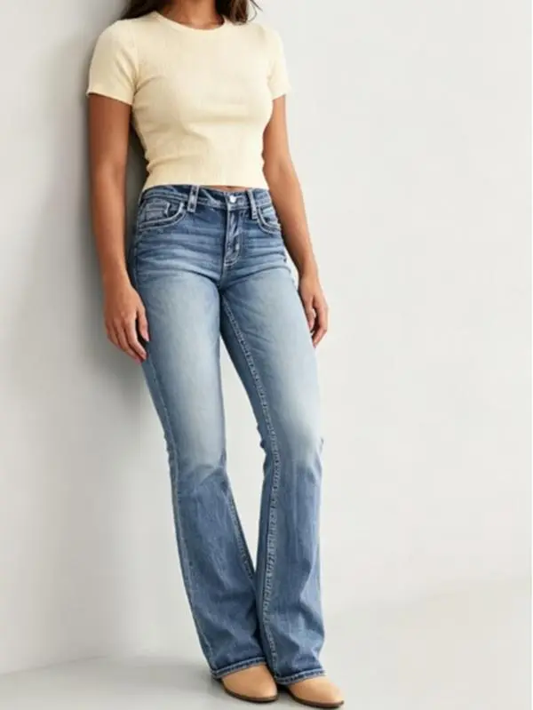Women's Mid-Waist Bootcut Denim Jeans - Casual, Vintage, Stretchy, Washed, Perfect Fit | Womenswear Bottoms