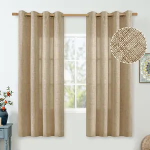 Modern Natural Linen Feel Curtains, Half-Transparent Japanese Wood Color Drapes with Ring Holes, Multi-Color Options for Living Room & Bedroom Window Curtain, Privacy Grommet Curtains, Room Decor Curtain