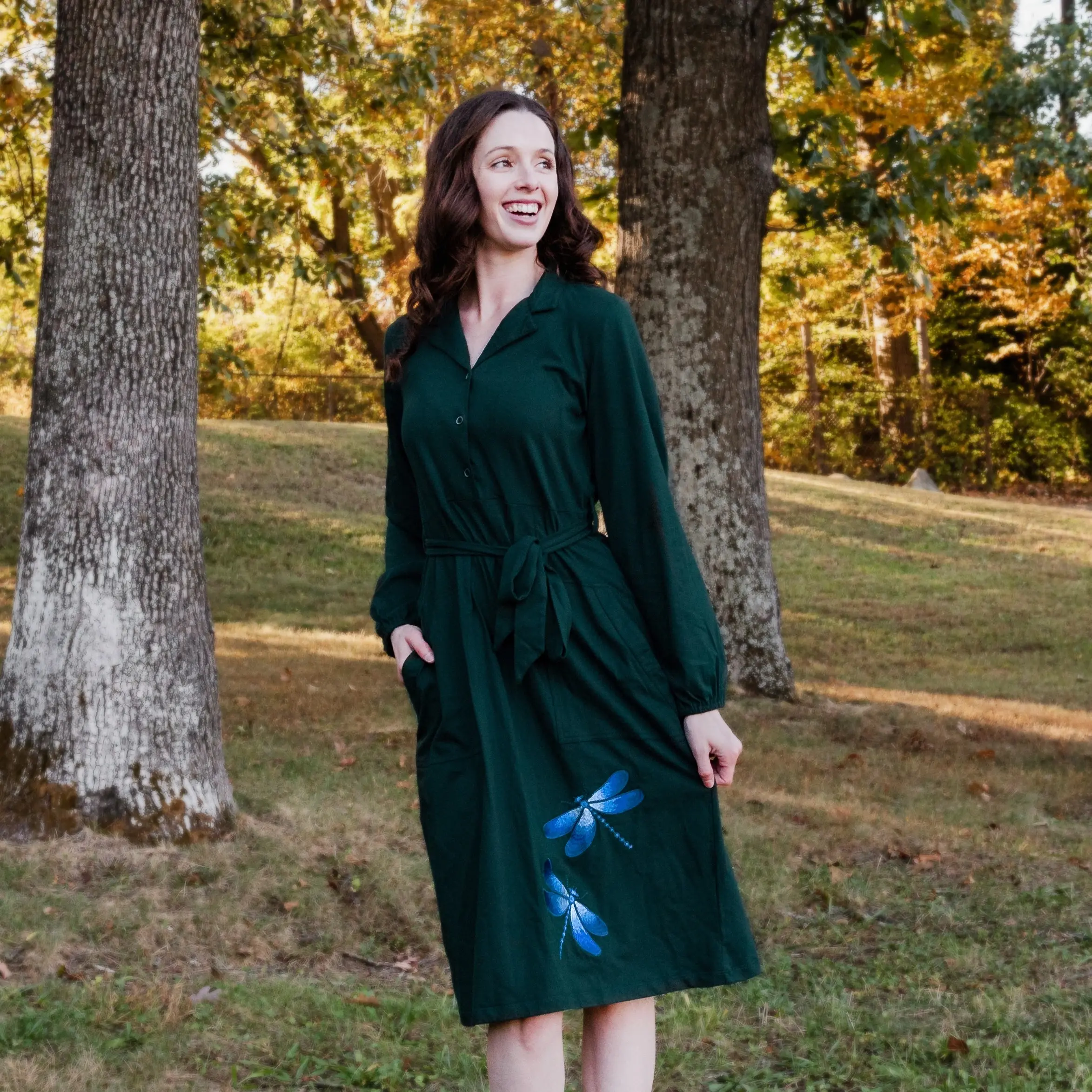 Dragonflies Embroidery Belted Dress with Pockets