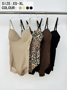 Women's Solid/Leopard Print Ruched Crotchless Shapewear Bodysuit, Adjustable Strap Contrast Mesh Shaper, Tummy Control Shapewear for Daily Wear Underwear