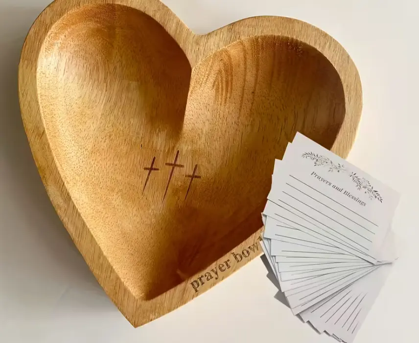 Wooden Heart Prayer Bowl - Handcrafted With 30 Cards - Religious Dough Bowl for Christmas, Easter, and Thanksgiving Gifts