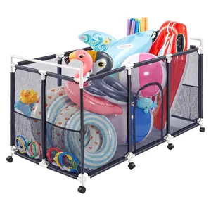 VEVOR Pool Storage Bin, 62.6x 32x 36 in, Rolling Pool Float Storage Organizer with Side Pockets Casters, Durable Plastic Frame, Poolside Toys Noodles Holder Mesh Basket for Swimming Pools