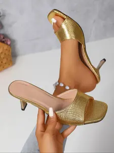 Women's Square-Toe High Heeled Sandals, Summer Casual Shoes with Unique Snakeskin Pattern and Flat Irregular Heel, Stylish and Comfortable Footwear for Daily Wear