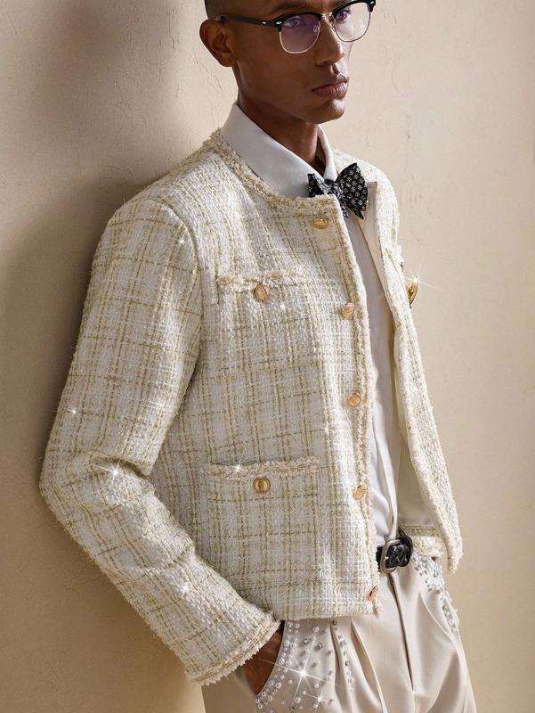 Jackets men - Men’s Tweed Business Casual Long Sleeve Jacket with Brooch for Fall Winter mens hoodies clothes for men vintage clothing men's clothing y2k clothing vacation outfits airport outfit jackets y2k clothes club outfit now birthday outfits