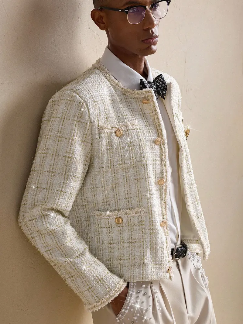 Jackets men - Men’s Tweed Business Casual Long Sleeve Jacket with Brooch for Fall Winter mens hoodies clothes for men vintage clothing men's clothing y2k clothing vacation outfits airport outfit jackets y2k clothes club outfit now birthday outfits