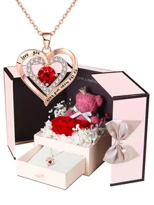 Heart Rhinestone Pendant Necklace, Letter Pattern Love Matching Necklace with Bear Flower & Gift Box for Women's Gift, Girl's Cloths Accessory for Daily Wear Valentine's Day, Gift for Her, Mother's Day Gifts, Gift Set for Mothers, Gifts for Her