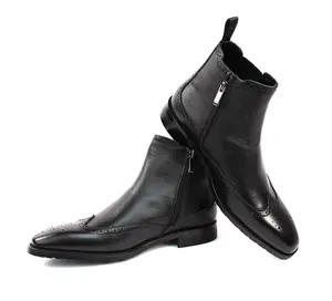 Genuine Leather Men's Black Wing Tip Chelsea Boots With Zipper Leather Lining AZARMAN