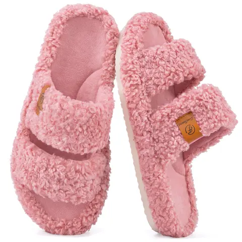 EverFoams Women's Fuzzy Open-Toe Slippers – Stylish Classic Slides with Soft Memory Foam, Non-Slip Rubber Sole, Perfect Cozy Footwear ,Girl Fur Flipflop Walking Shoes Fluffy Modern Sleeper Slip On Clog, Gifts for Mom