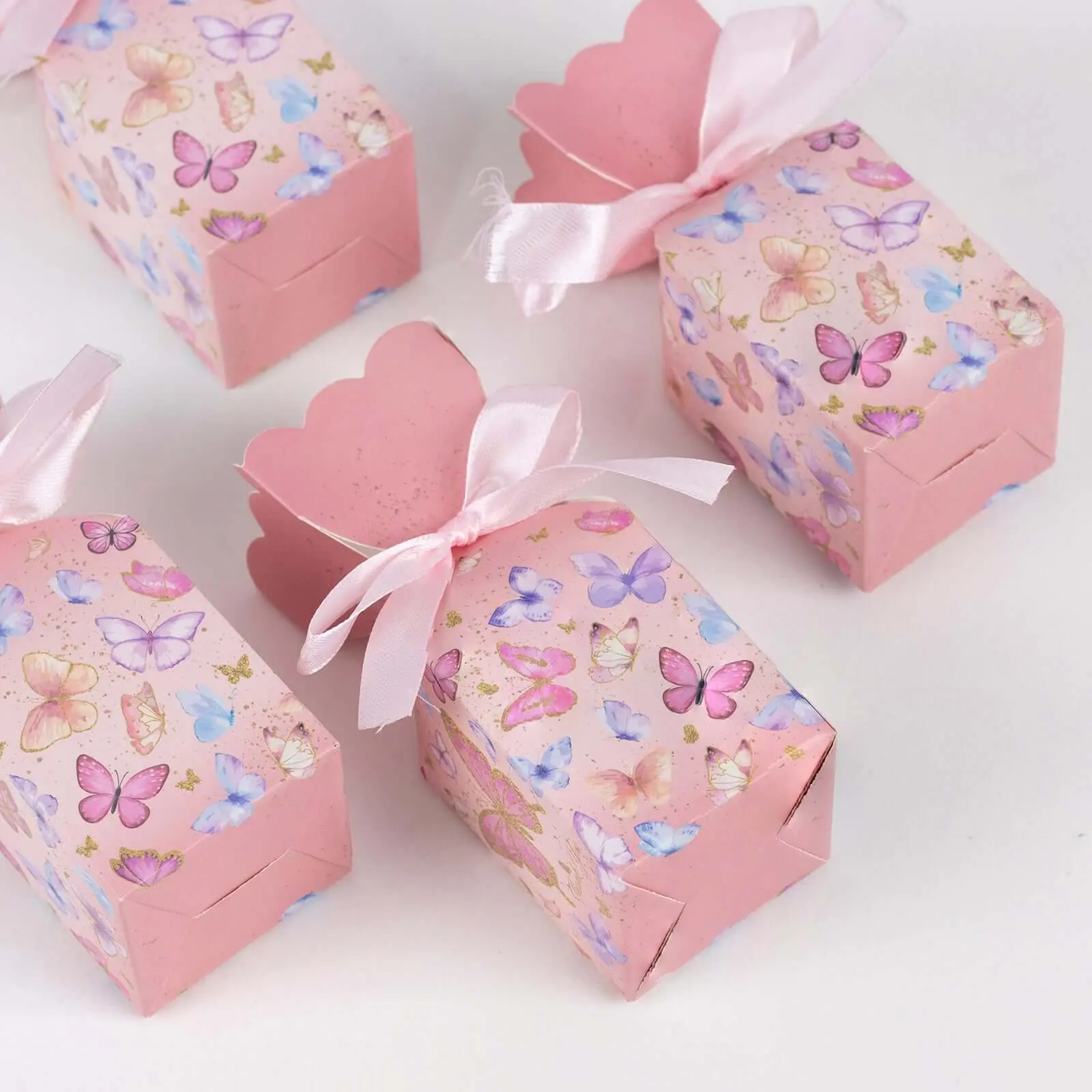 25 Pack Pink Floral Top Party Favor Boxes With Butterfly Print, Cardstock Paper Candy Gift Boxes With Satin Ribbons - 2"x5", Birthday Gift Box, Gift Wrapping Supplies