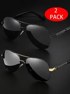 Unisex Full Rim Metal Polarized Aviator Sunglasses, 2-Pair Set, Durable Frames, Anti-Glare Lenses, UV Protection, Men's Fashion Eyewear, Summer Sunglasses