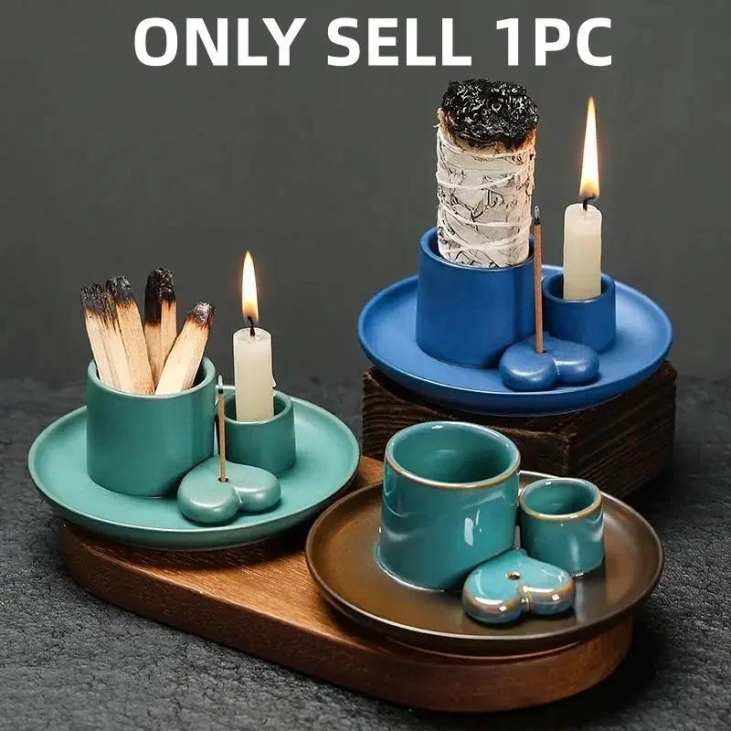 Ceramic Incense Burner Set, 1 Count Multi-functional Home Decor Home Fragrances Aroma Blend Scented, 4-in-1 Incense Stick & Sage Burner, Palo Santo & Candle Holder, Home Fragrance Products