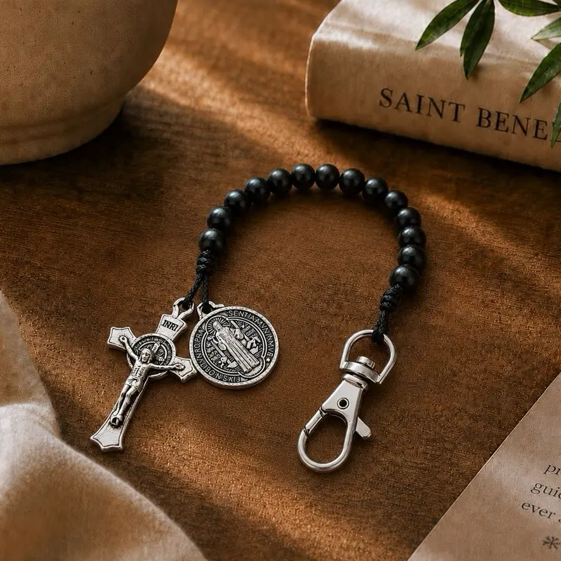 Classic Elegant Casual Silver 10-Decade Catholic Pocket Rosary Bracelet with Hematite Beads, San Benito Medal, Crucifix, Clip