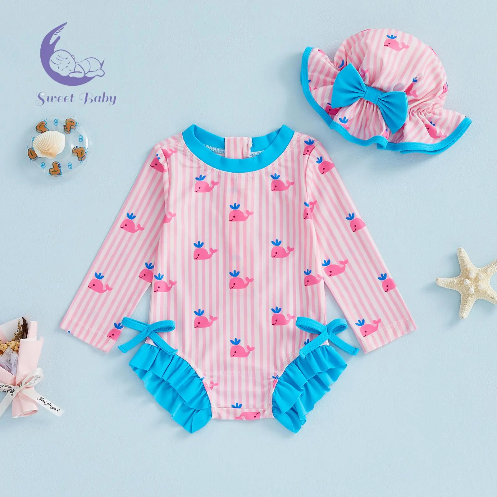 Baby Girl 2-Piece Rash Guard Swimsuit Set - Long-Sleeve Round-Neck Romper, Stripe Whale Print Hat, Swimsuit Style Infant Swimwear