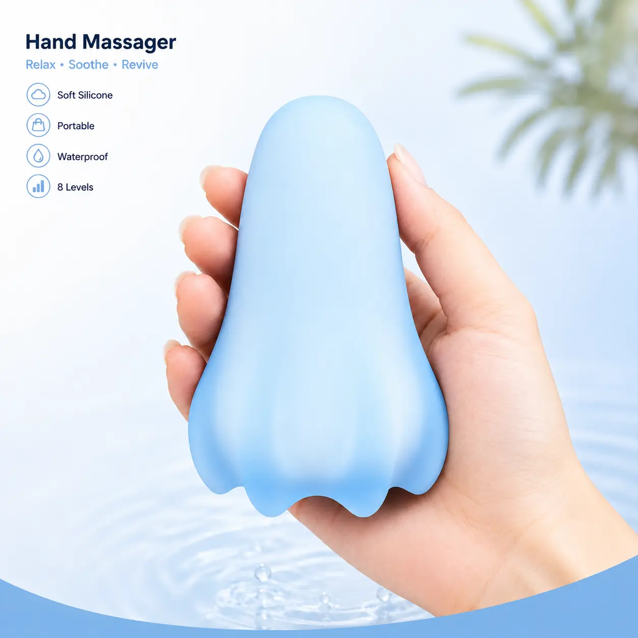 Portable rechargeable hand massager made of soft silicone, water-resistant easy to clean, Reusable 8 adjustable levels, relieves hand pain, Lightweight a great gift for parents.