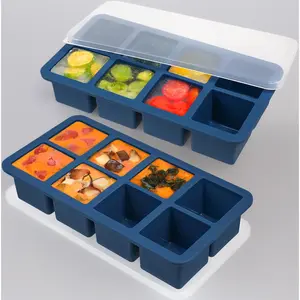 Multi-Purpose 1/2 Cup Silicone Freezer Tray with Airtight Lids, 4-Pack 8-Grid Square Ice Cube Mold for Meal Prep & Portion Control, Ideal for Freezing Large Ice Cubes,  Soup, Broth, Sauces, and Leftovers Storage
