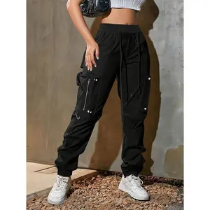 Women’s high-waisted wide-leg cargo pants — casual fashion, soft polyester, drawstring elastic waistband, multi-pocket design, comfortable for all seasons, back belt, solid woven fabric, women’s bottom wear