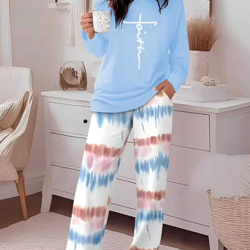 Women's Casual Printed Round Neck Long Sleeve Top & Gradient Print Pants Set, Loungewear Outfit, Soft Comfortable Home Wear Loungewear Pjs Pajama Nightwear, All Seasons Fitted Womenswear