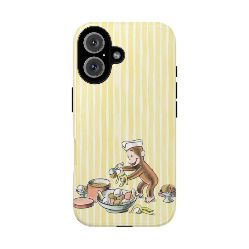 Curious Georgee Tough Phone Case, Cute Yellow Gingham Cartoon Protective Cover for iPhone and Samsung, gift