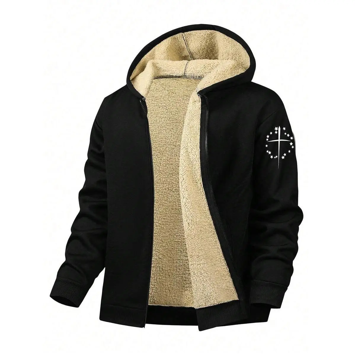 Men's Plus Size Hooded Bomber Jacket, Oversized Streetwear Style with Pentagram Graphic, Thermal Lined Stretch Polyester Zip-Up, Tops