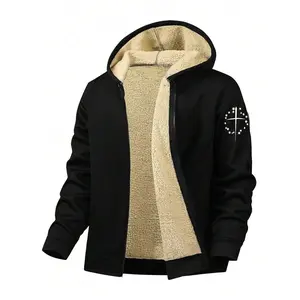 Plus Hot Trend Plus Size Men’s Pentagram Print Zip Up Hooded Jacket, Thermal Lined Oversized Streetwear Coat, Casual Versatile Warm Outerwear for Fall Winter Daily Street Style Fabric  Long Sleeve