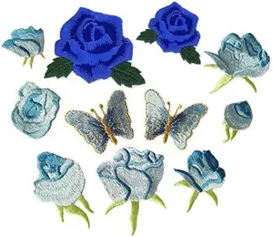 9pcs Blue Small Rose Flower Butterfly Embroidery Iron On Patches(Different dize)