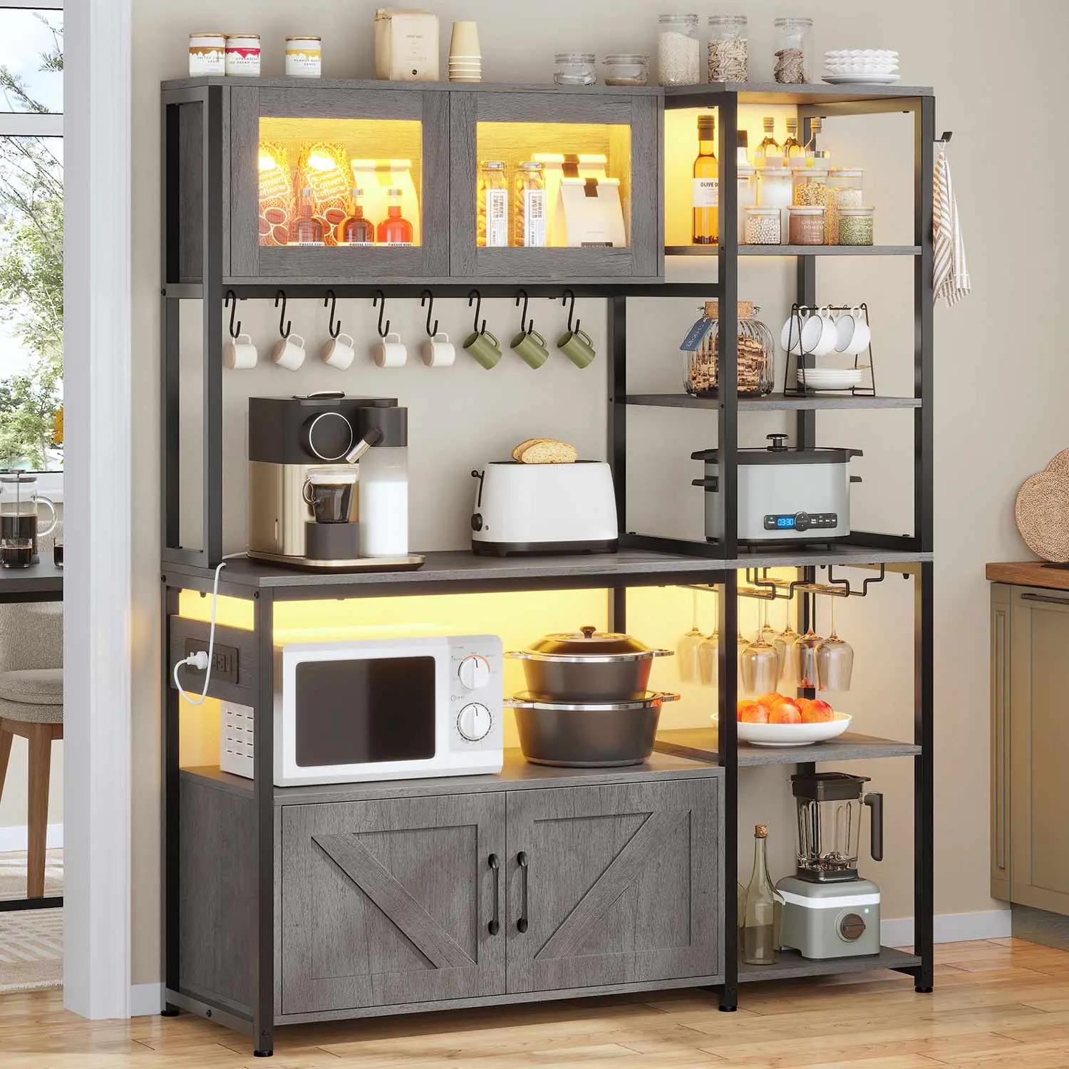 SIKAIC 45.3 in Farmhouse Storage Cabinet - Grey Freestanding Coffee Bar Station with RGB LED Lights, Power Outlets, 2 USB Charging Ports, Shelves, Racks for Home Bar Decor